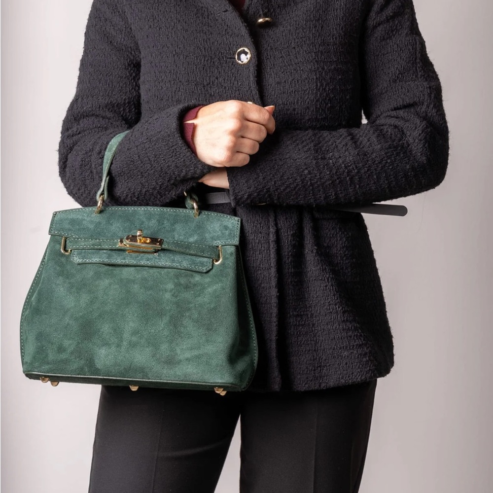 Mad Bags Green Italian Leather Suede Handbag with Scarf Accent